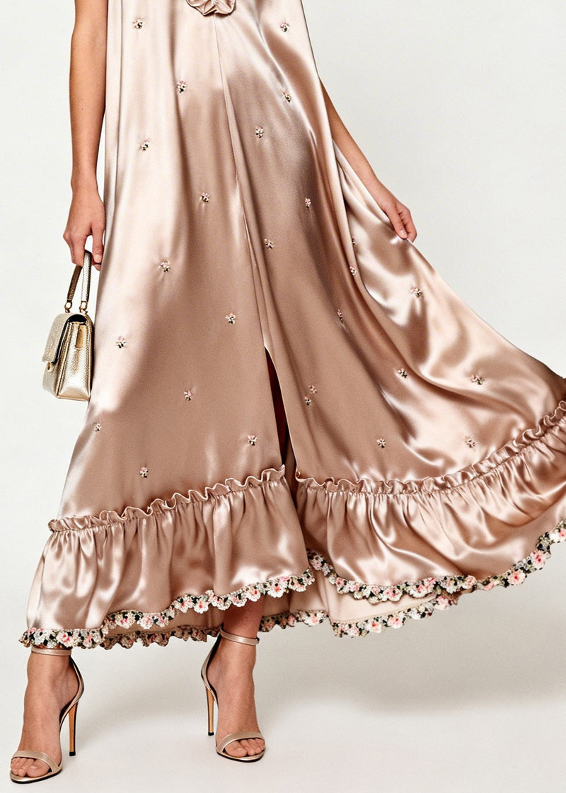 Khaki Ruffled Silk Holiday Dress Sleeveless