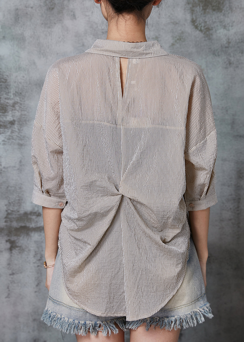 Khaki Striped Wrinkled Cotton Shirt Tops Summer