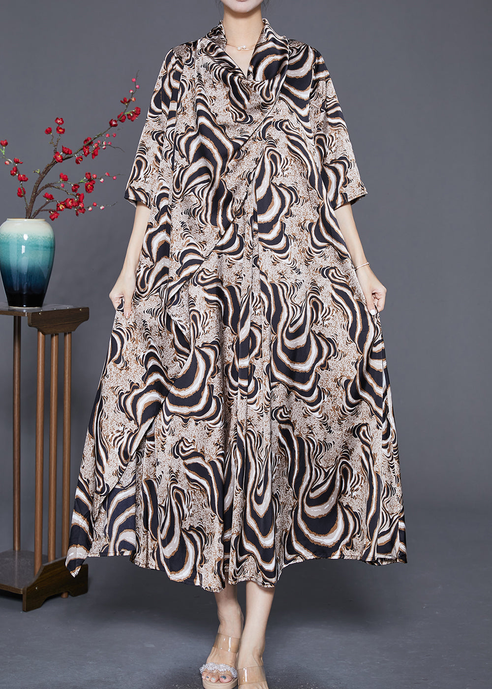 Khaki Turtle Neck Print Chiffon Long Dress Summer
