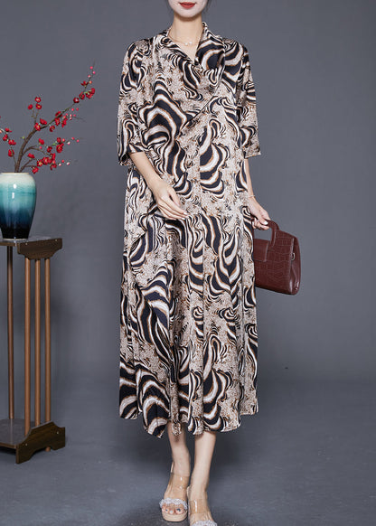 Khaki Turtle Neck Print Chiffon Long Dress Summer