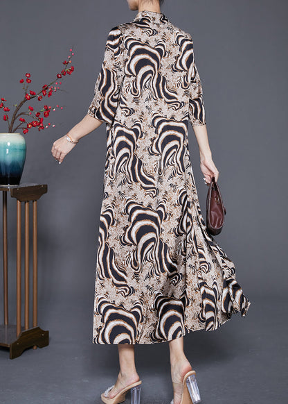 Khaki Turtle Neck Print Chiffon Long Dress Summer