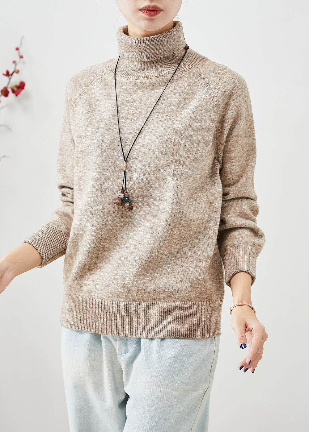 Khaki Turtle Neck Silm Fit Knit Short Sweater Winter