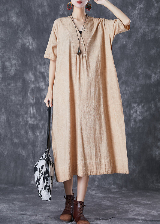 Khaki V Neck Pockets Linen Long Dress Summer