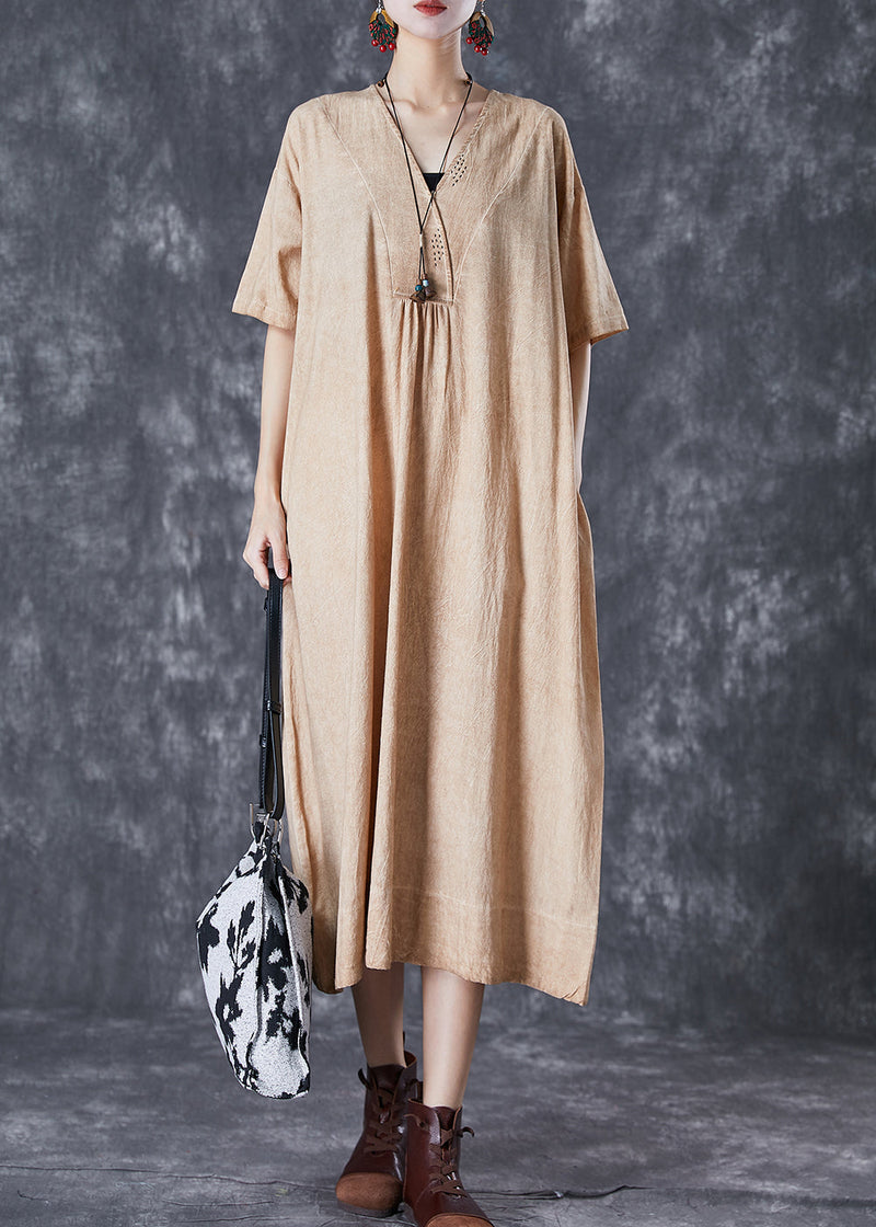 Khaki V Neck Pockets Linen Long Dress Summer