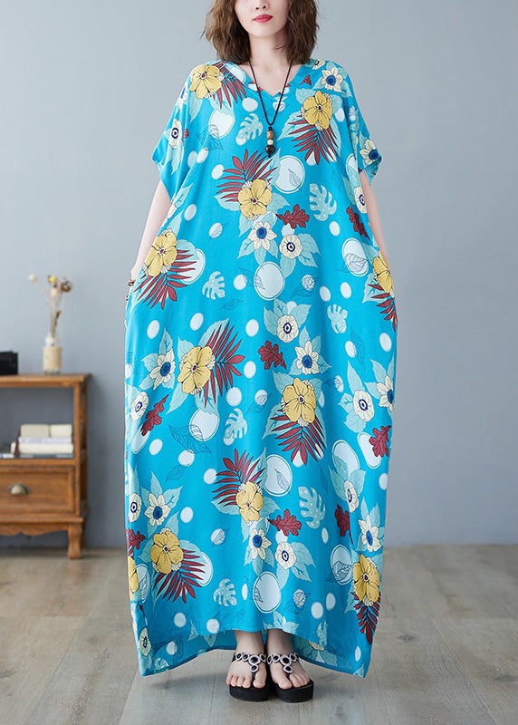 Light Blue O-neck Print Cotton Maxi Dresses Summer