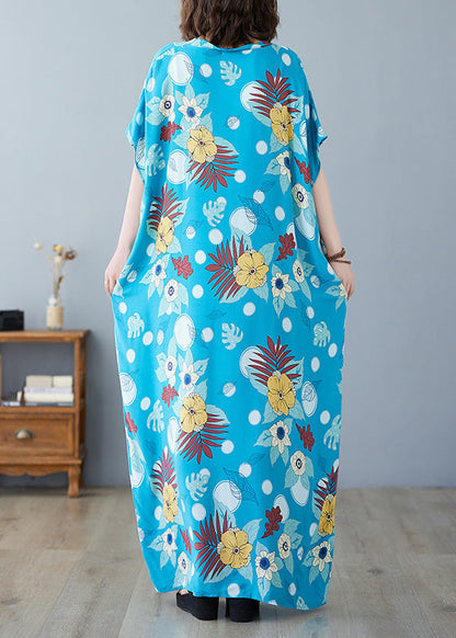 Light Blue O-neck Print Cotton Maxi Dresses Summer