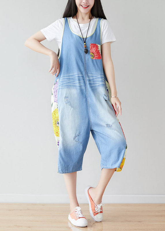 Light Blue Oversized Patchwork Print Cotton Denim Jumpsuits Summer