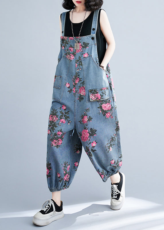Light Blue Oversized Print Pockets Denim Jumpsuits Summer