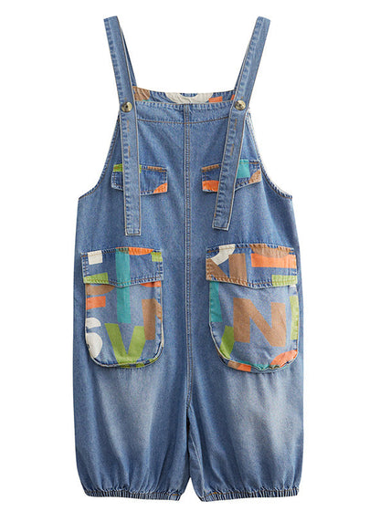 Light Blue Slash Neck Print Button Denim Jumpsuit Summer