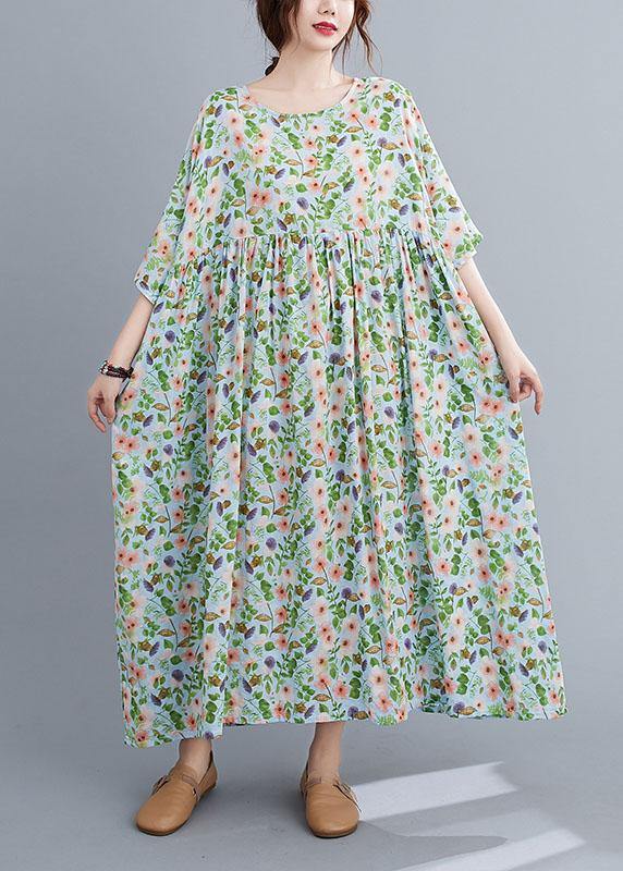 Light Green O-neck Patchwork Print Summer Dress Half Sleeve