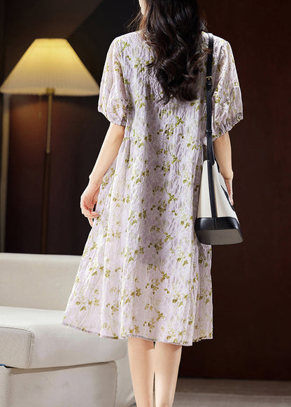 Light Purple Print Patchwork Cotton Holiday Long Dress Puff Sleeve