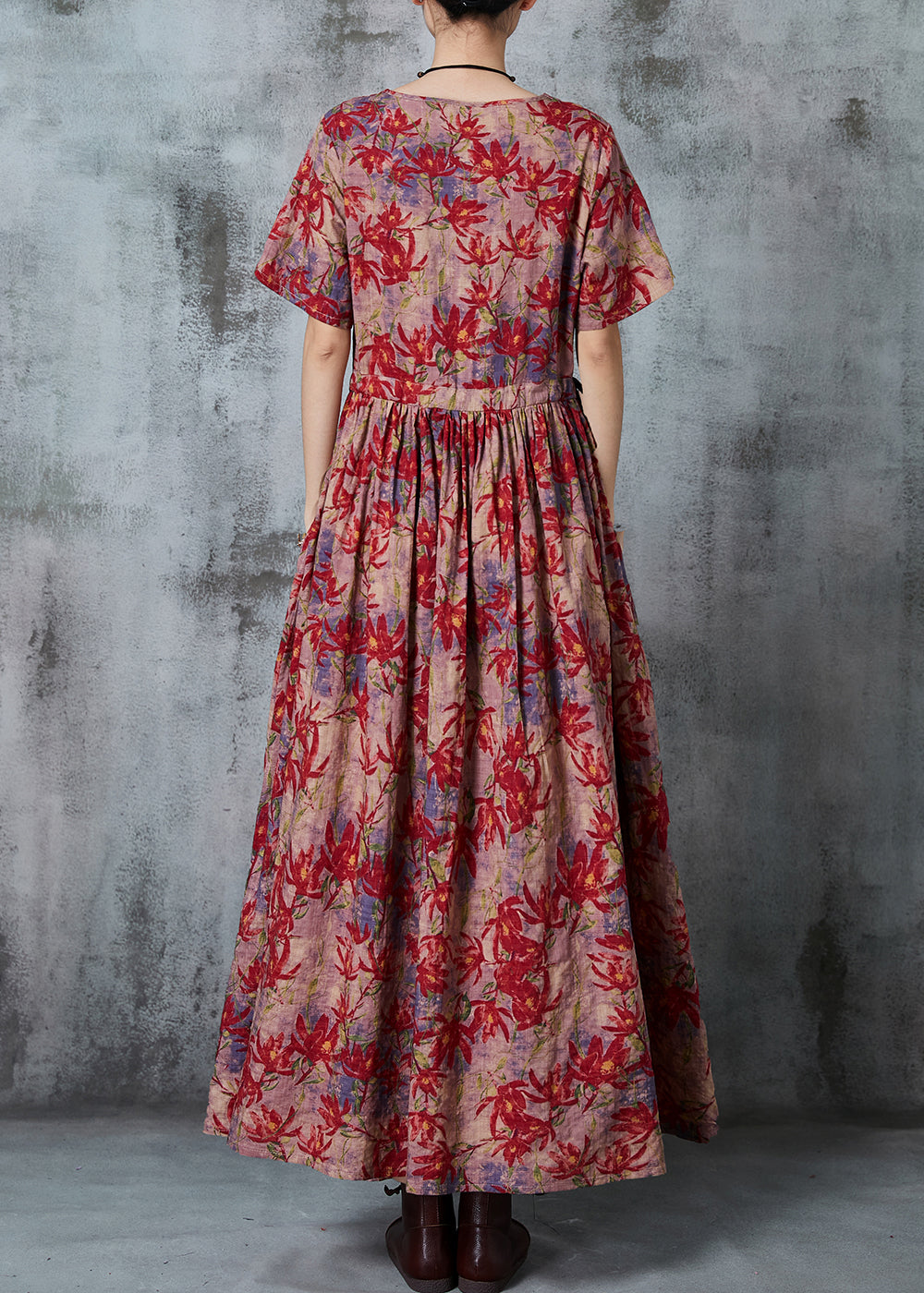 Maple Leaves Print Linen Cinched Dress Summer