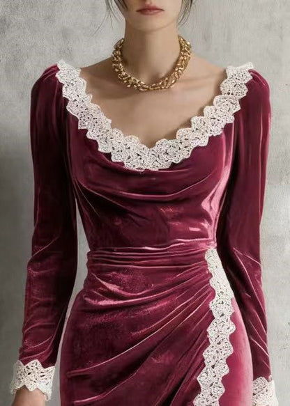Mulberry O-neck Lace Patchwork Silk Velvet Mid Dress Spring
