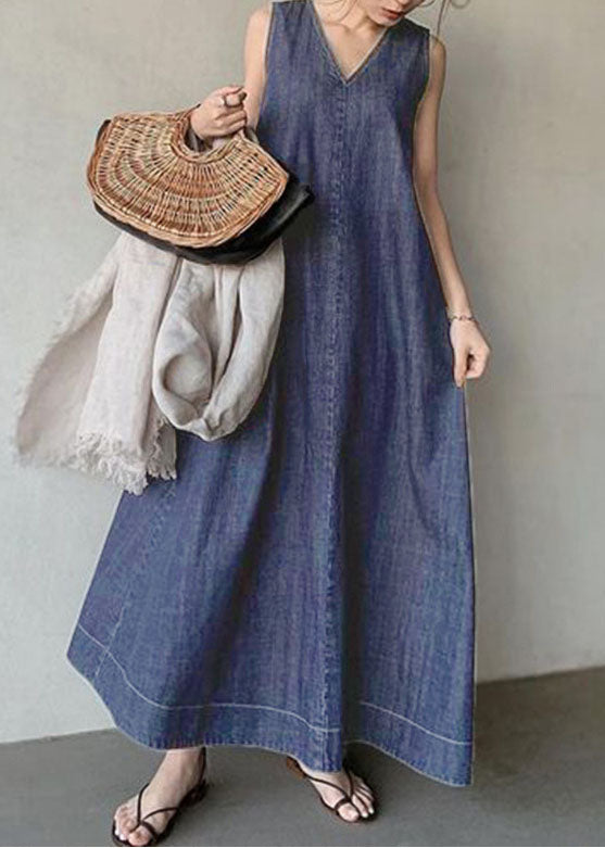 Navy V Neck Cold Shoulder Cotton Denim Dress Sleeveless