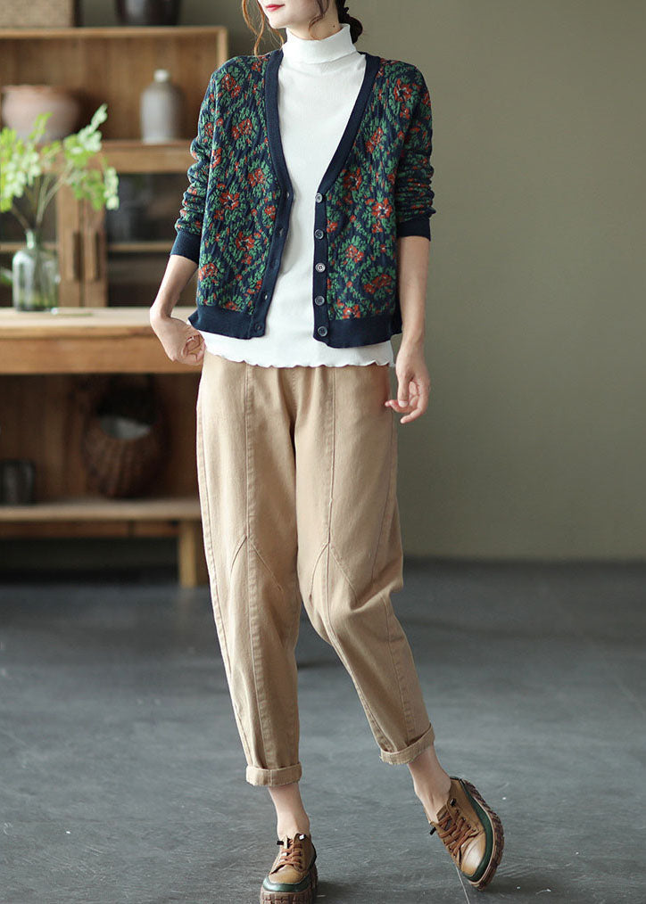 Navy V Neck Print Knit Cardigan Winter