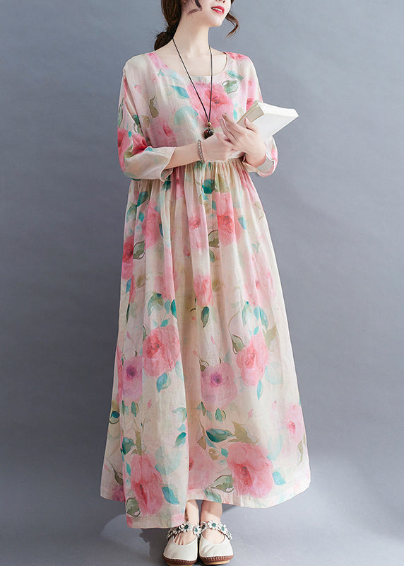 O-neck Cinched Print Vacation Dress Three Quarter Sleeve