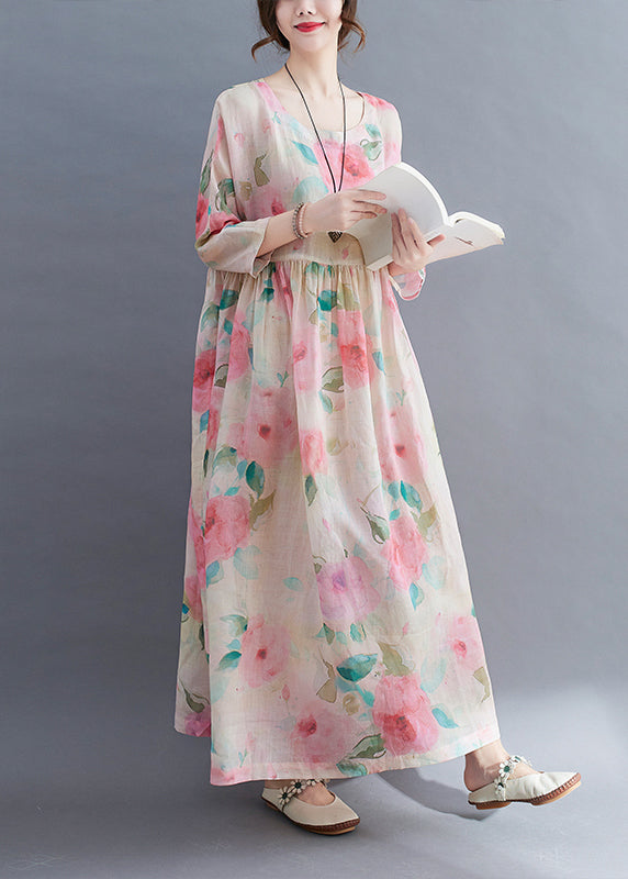 O-neck Cinched Print Vacation Dress Three Quarter Sleeve