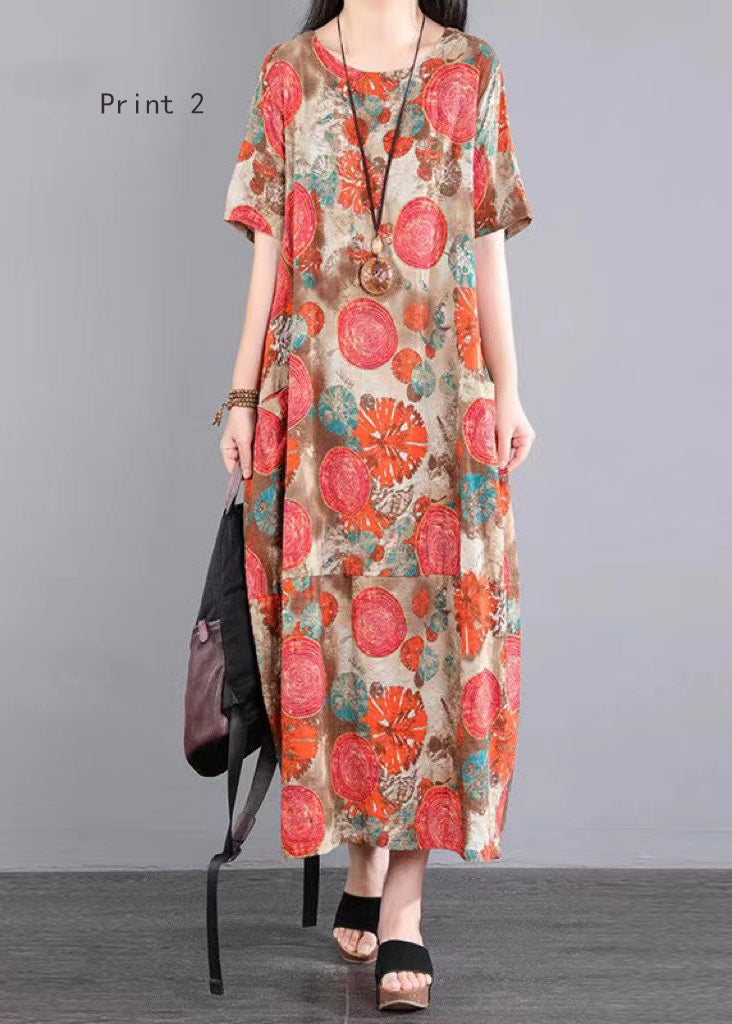 O Neck Print Patchwork Cotton Long Dresses Summer