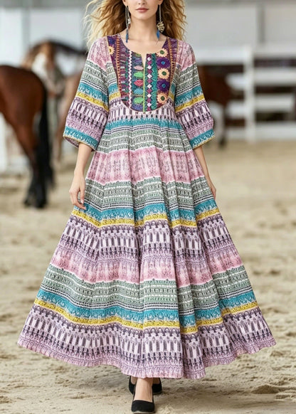 O Neck Print Wrinkled Cotton Dresses Summer