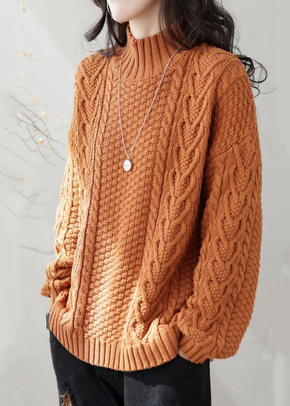 Orange High Neck Chunky Oversized Cable Knit Sweater Winter