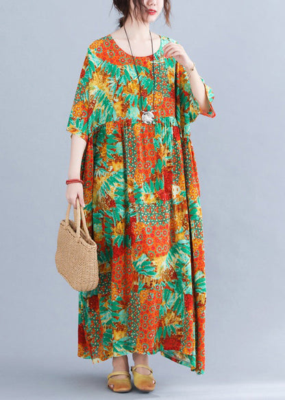 Orange O-neck Print Cozy Maxi Dresses Summer