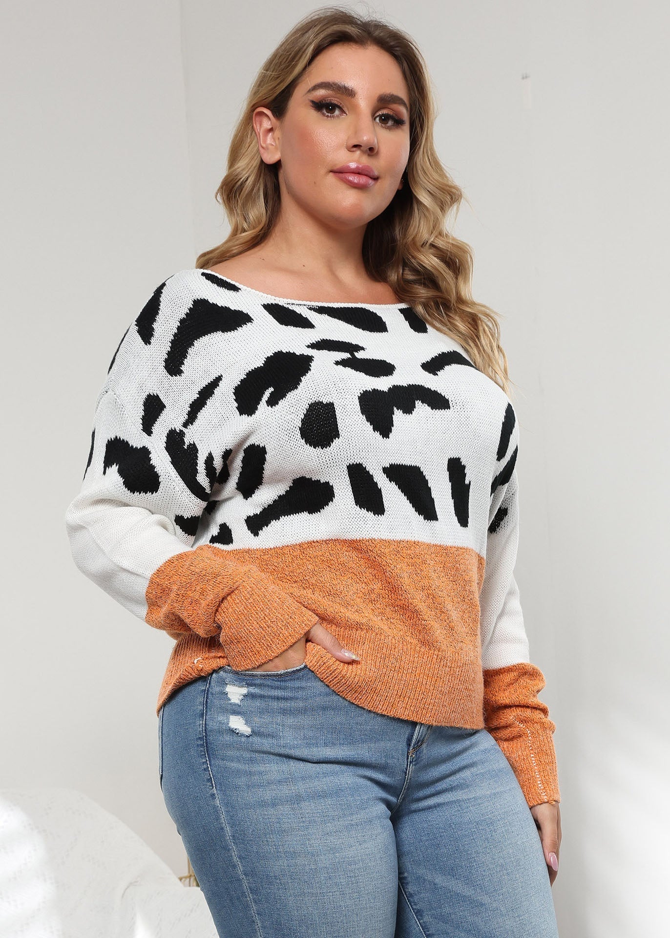 Orange O-neck Print Patchwork Knit Sweater Fall
