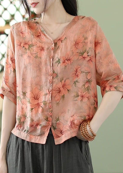 Orange Print Slim Fit Linen Shirt Top Half Sleeve