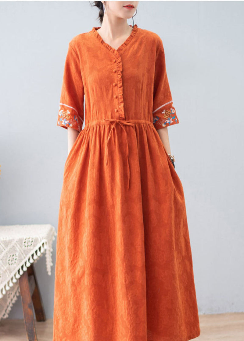 Orange Ruffled Drawstring Embroideried Jacquard Cotton Dresses Half Sleeve
