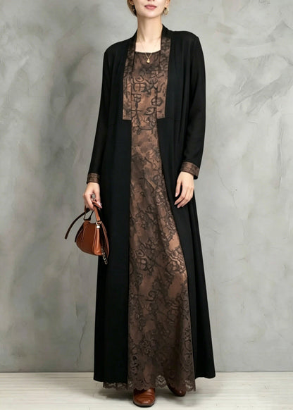 Patchwork Print Waistcoat and Long Dress Two Pieces Set Fall