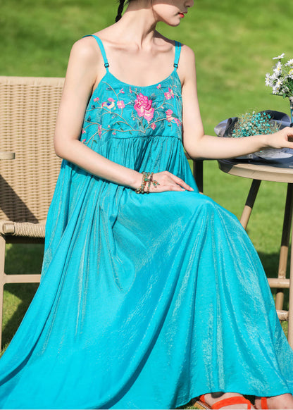 Peacock Blue Embroideried Wrinkled Cotton Spaghetti Strap Dress Summer