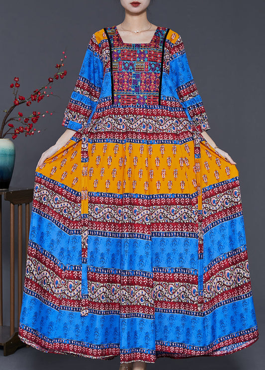 Peacock Blue Print Exra Large Hem Silk Dresses Summer