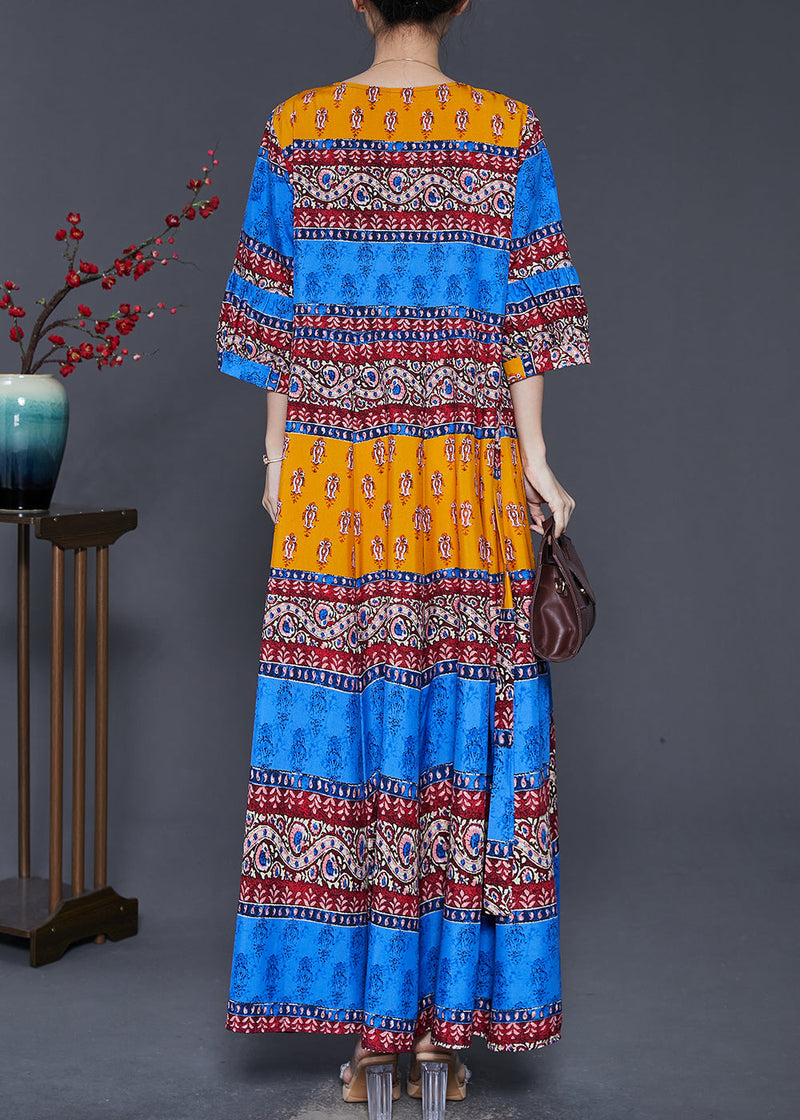 Peacock Blue Print Exra Large Hem Silk Dresses Summer