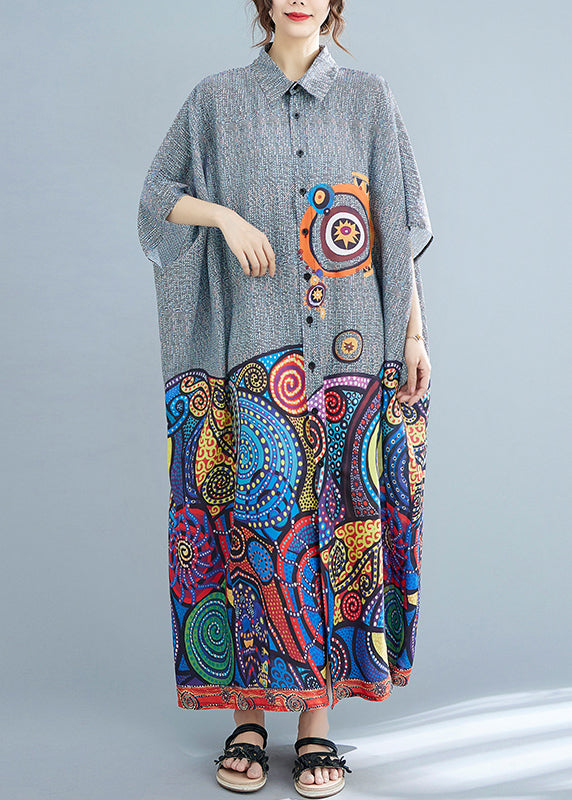 Peter Pan Collar Button Print Holiday Dress Batwing Sleeve