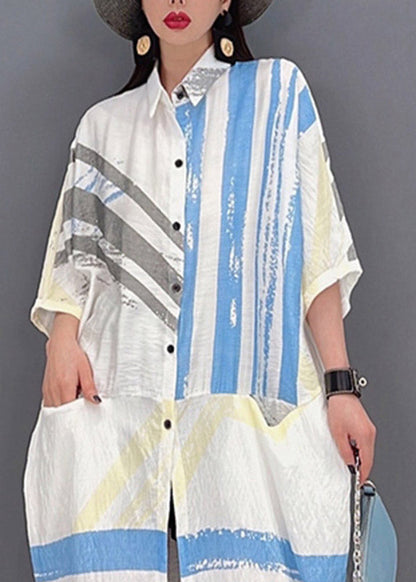 Peter Pan Collar Striped Patchwork Button Pockets Dress Half Sleeve