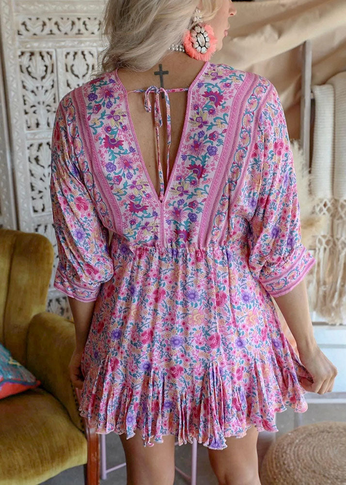 Pink Asymmetrical Design Print Backless Outfit Mid Dress Half Sleeve