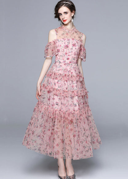 Pink Cold Shoulder Print Ruffled Chiffon Long Dresses Summer