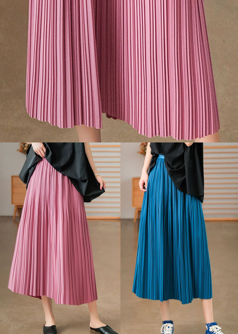 Pink Elastic Waist Cotton Pleated Skirts