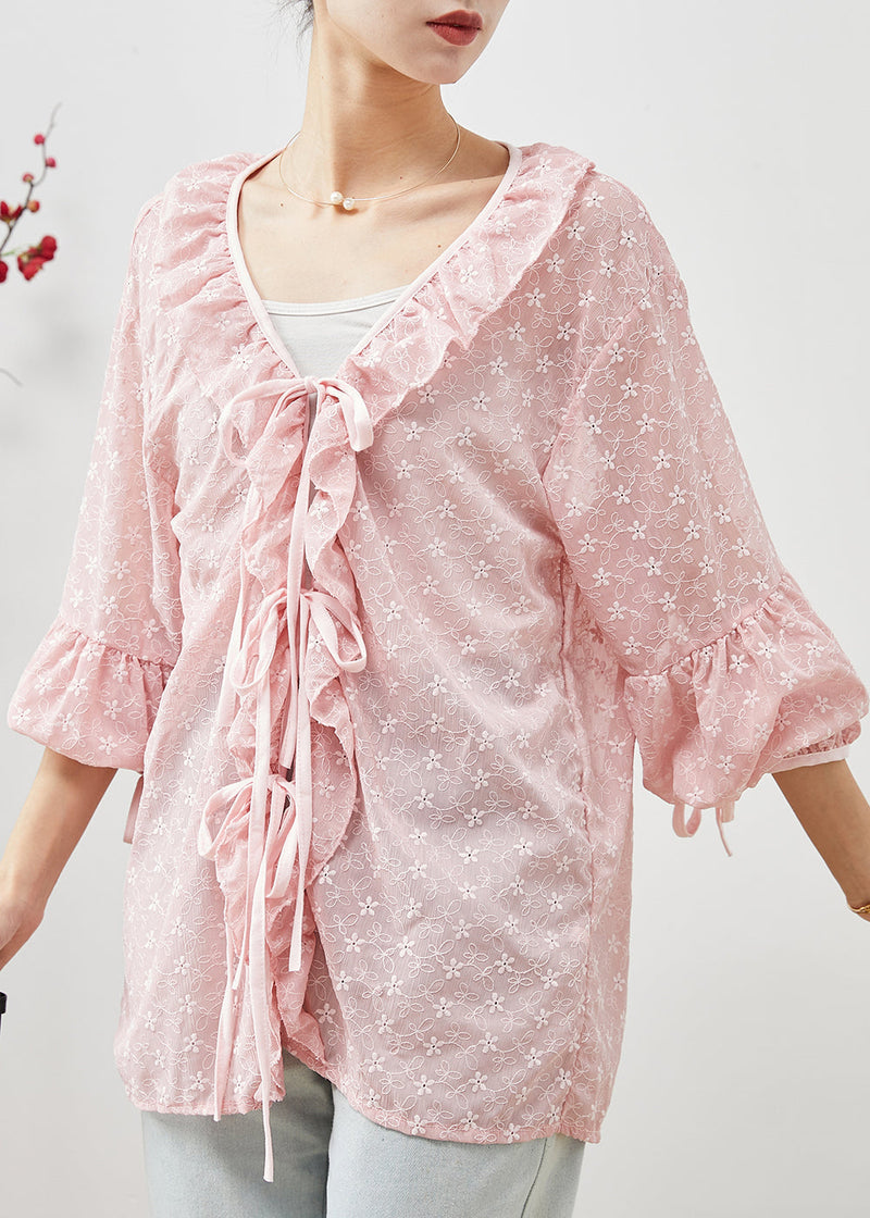 Pink Embroidered Ruffles Lace Shirt Spring