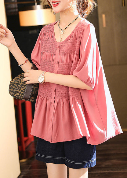 Pink O-neck Wrinkled Cotton Shirt Summer