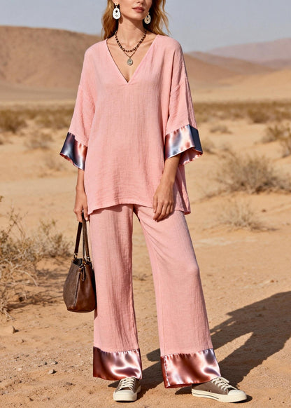 Pink Oversized Patchwork Silk Cotton Two-piece Set Spring