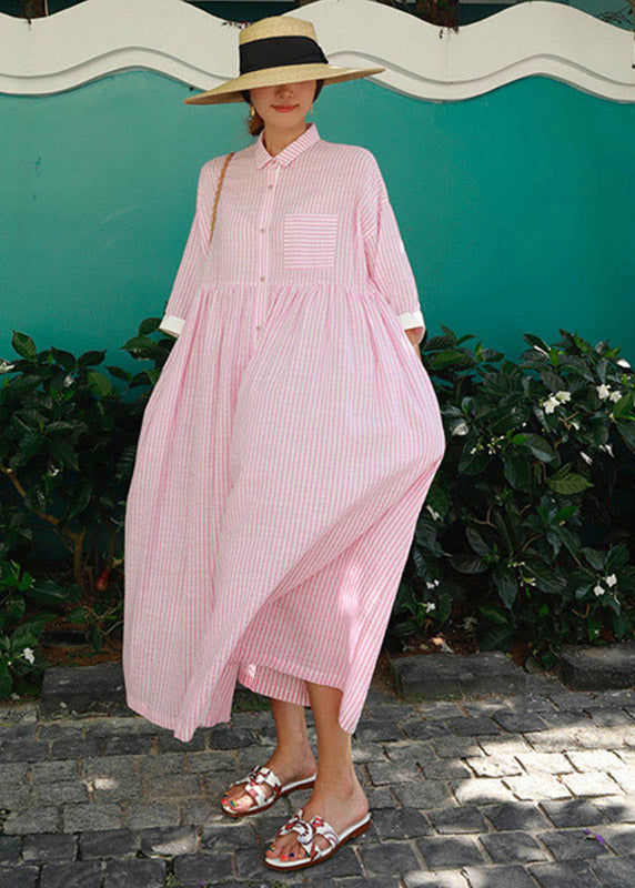 Blue Peter Pan Collar Striped Button Pockets Wrinkled Long Dresses Half Sleeve