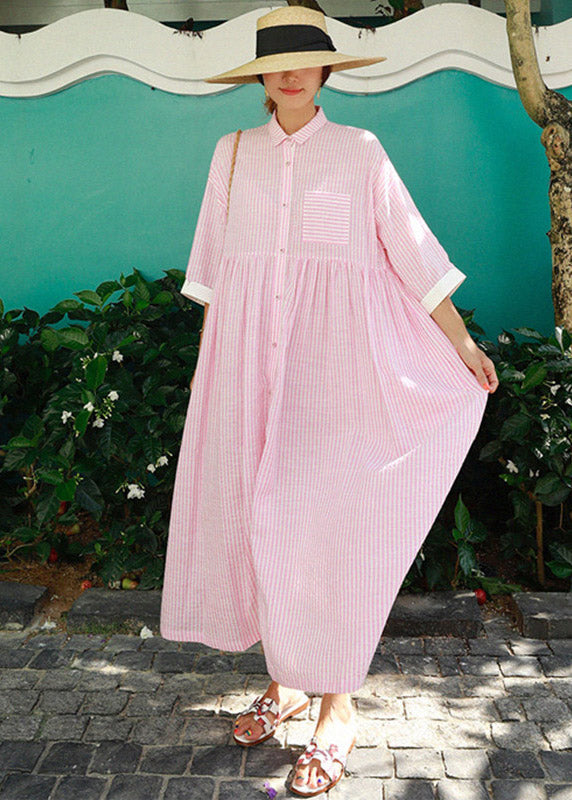 Rose Peter Pan Collar Striped Button Pockets Wrinkled Long Dresses Half Sleeve