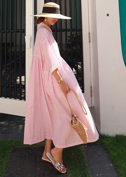 Rose Peter Pan Collar Striped Button Pockets Wrinkled Long Dresses Half Sleeve