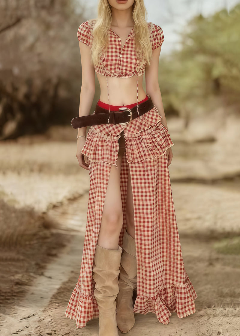 Pink Plaid Side Open Cotton Two Pieces Set Summer