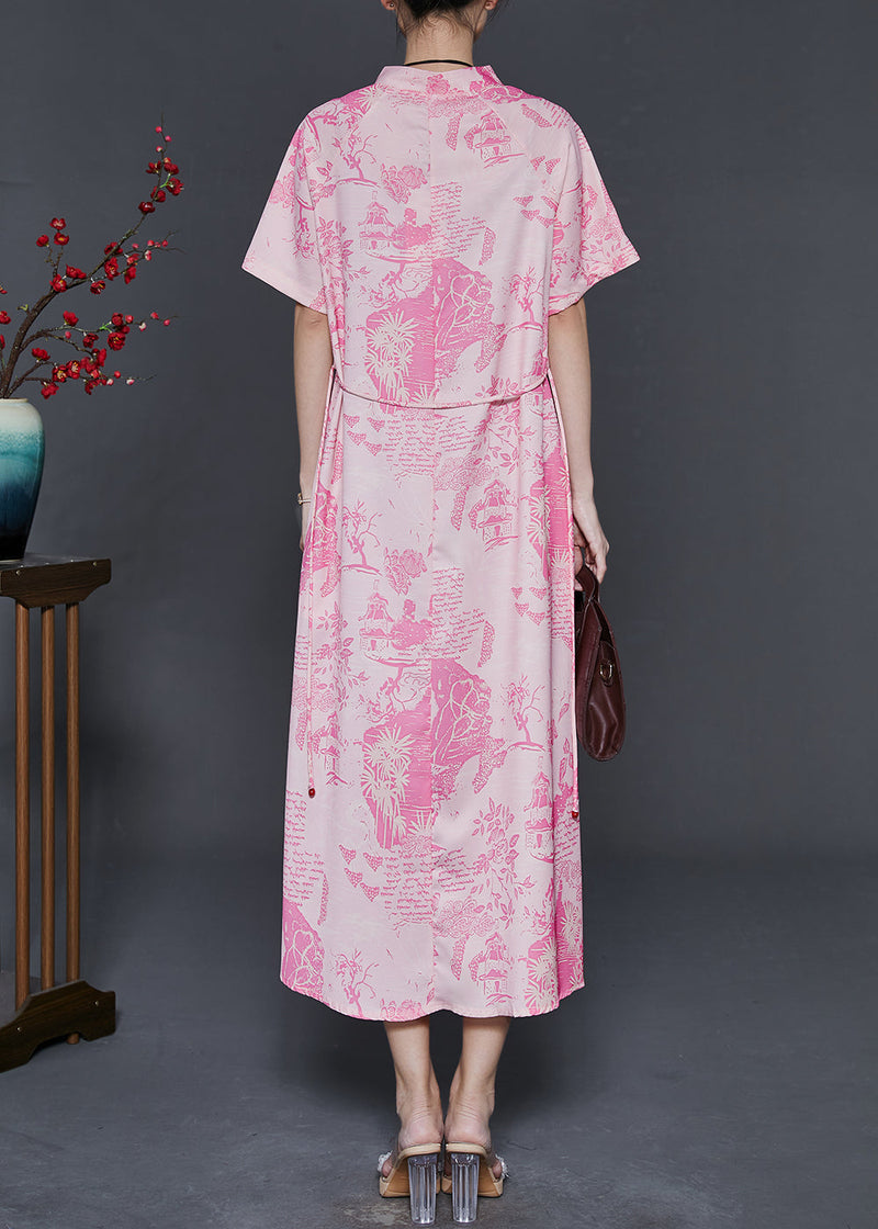 Pink Print Cotton Chinese Style Dress Summer