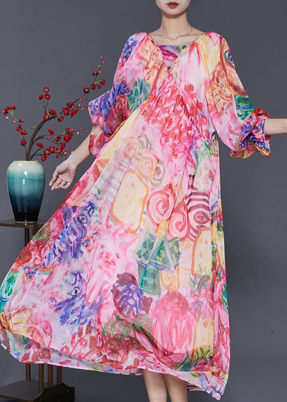 Pink Print Exra Large Hem Chiffon Dresses Lantern Sleeve