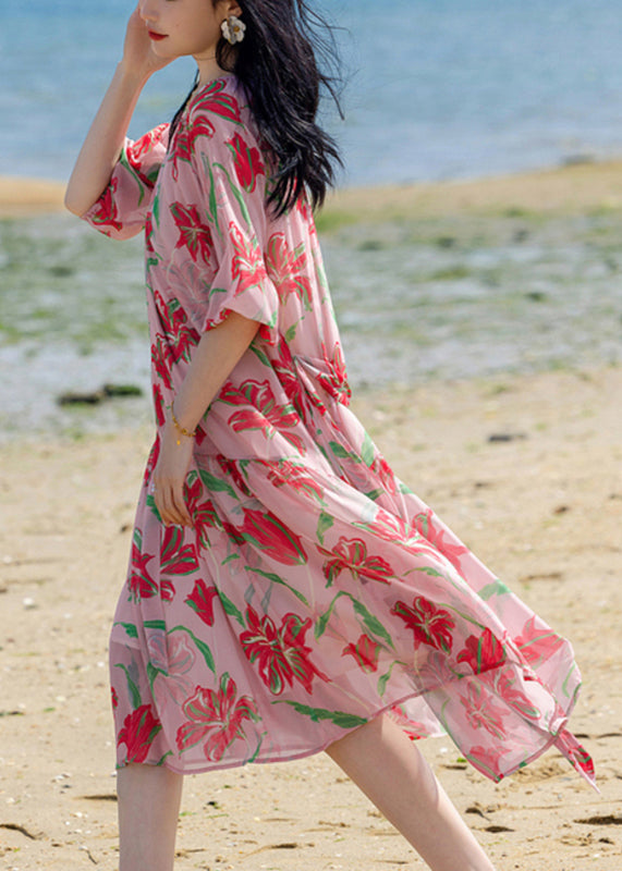 Pink Print Patchwork Chiffon Long Holiday Dress Summer