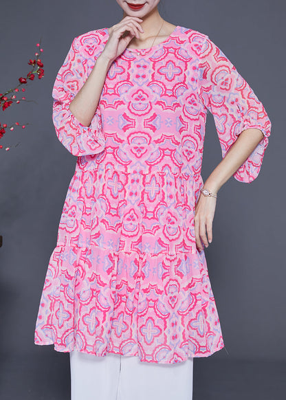 Pink Print Patchwork Wrinkled Silk a Line Dress Lantern Sleeve