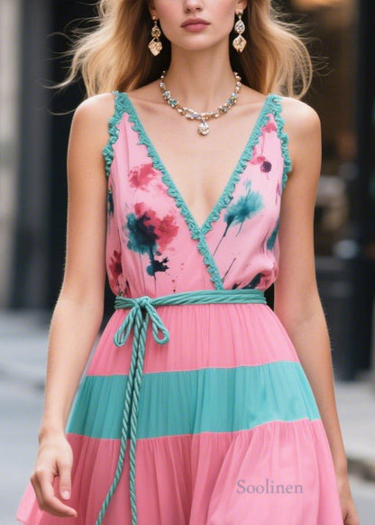 Pink Tie Waist Patchwork Chiffon Long Dresses Summer