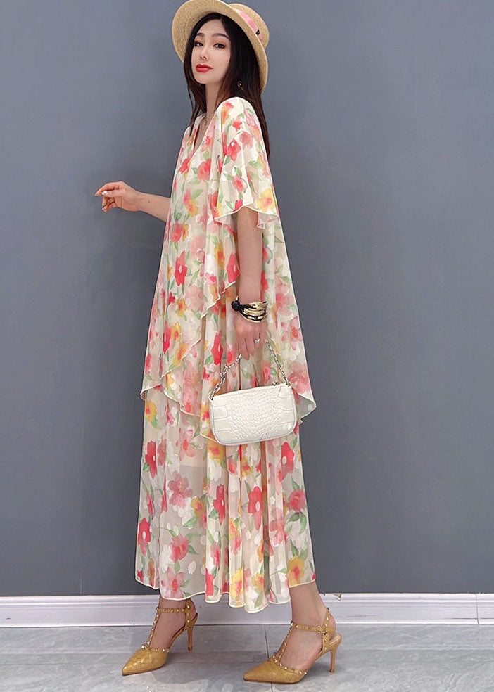 Pink V Neck Asymmetrical Design Print Chiffon Beach Dresses Short Sleeve